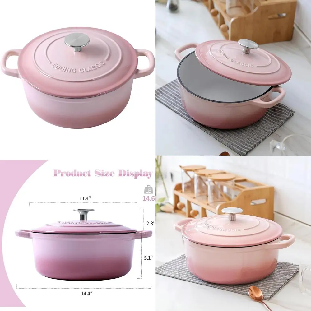 

Розовая 7-литровая эмалированная чугунная голландская духовка с крышкой для выпечки хлеба, круглая кастрюля, идеально подходит для выпечки вкусного домашнего хлеба