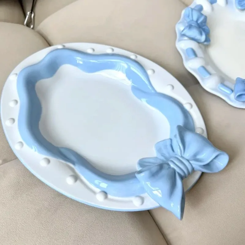 Internet celebrity bow underglaze hand-painted relief three-dimensional ceramic dessert salad plate