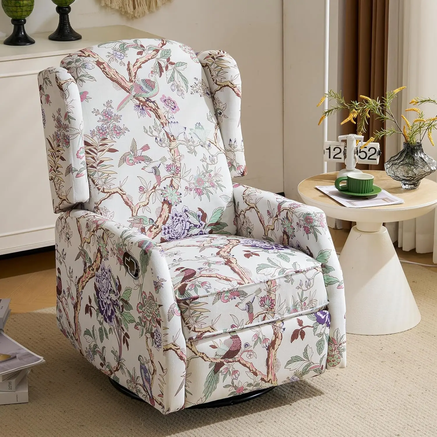 Floral Fabric Wingback Recliner Chair with High Back for Living Room and Bedroom