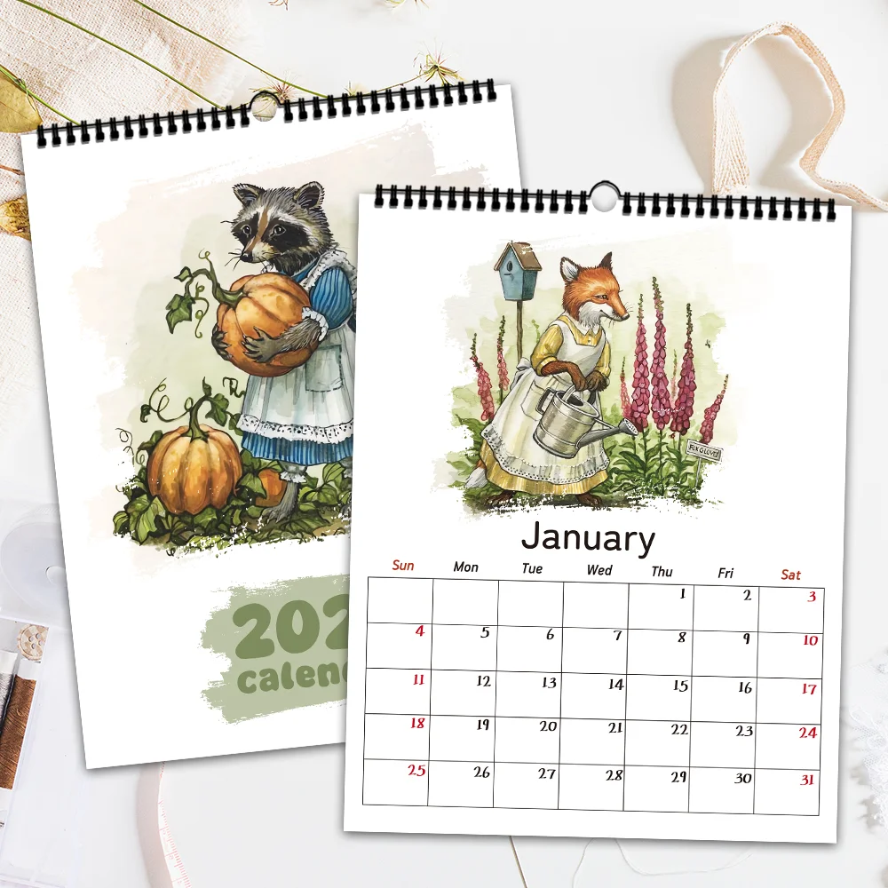

1pc 2026 Hand-Drawn Animal Calendar, Peter Rabbit & Fox Designs, 12 Unique Patterns, Wall-Mounted Monthly Planner, Perfect Gift