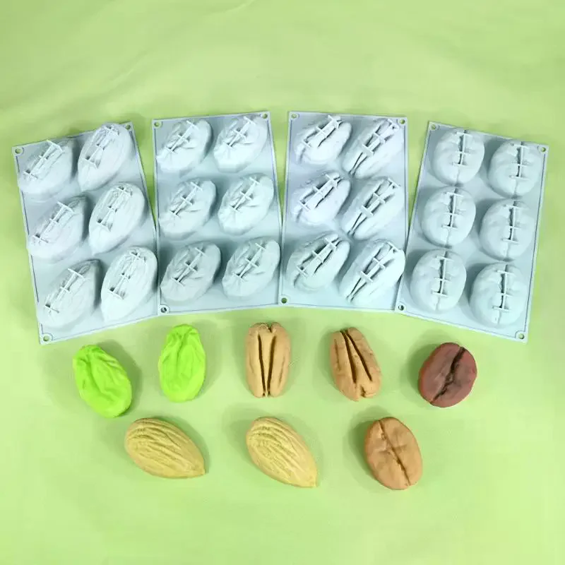 Silicone 6Cell Cake Mold Pistachio Pecan Coffee Bean Design for Chocolate Mousse Baking Kitchen Party Reusable Tray