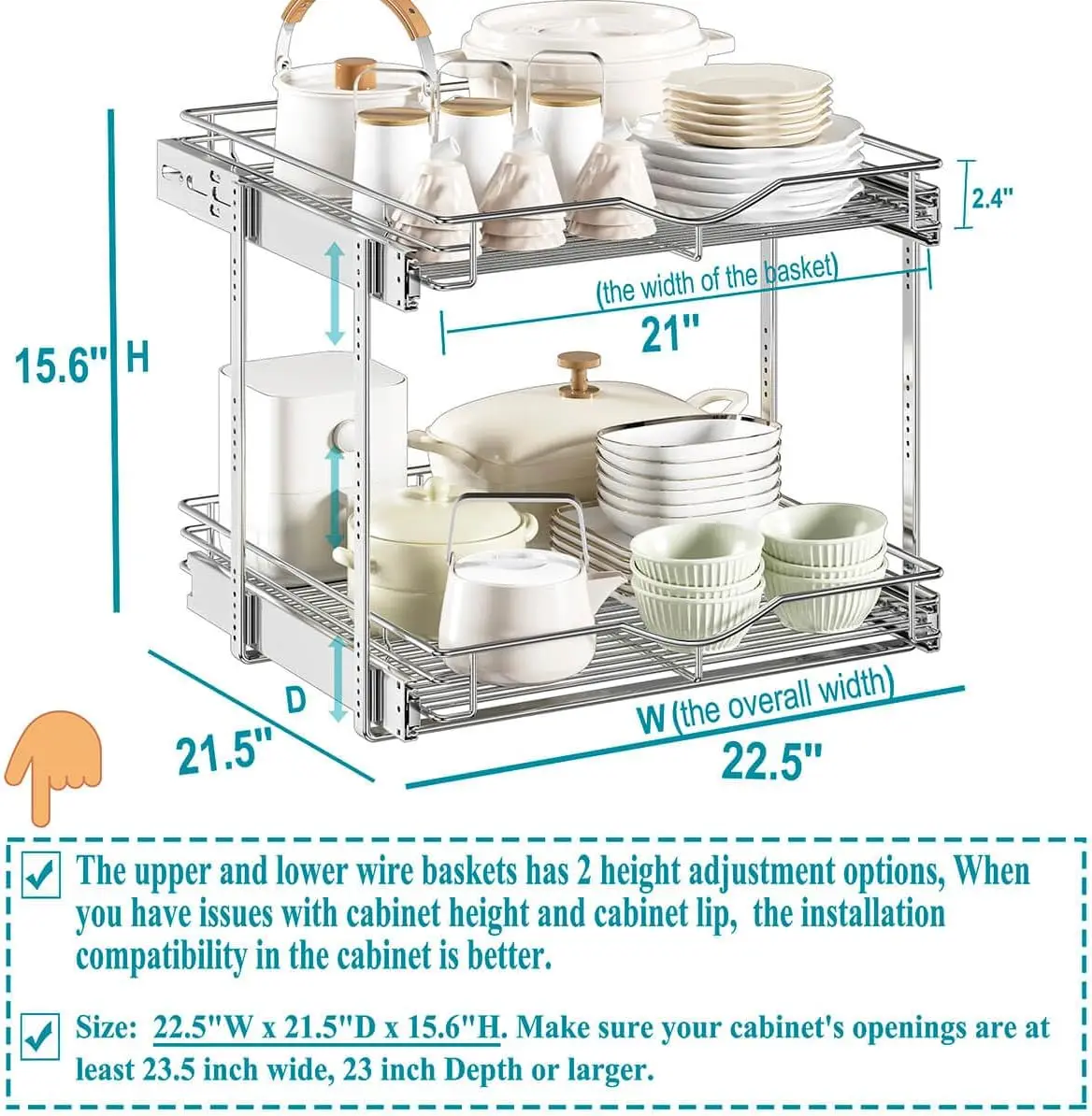 

2 Tier Pull Out Cabinet Organizer (22.5" W x 21.5" D), Pull Out Drawers for Kitchen Cabinets, Pull Out Shelves for Base