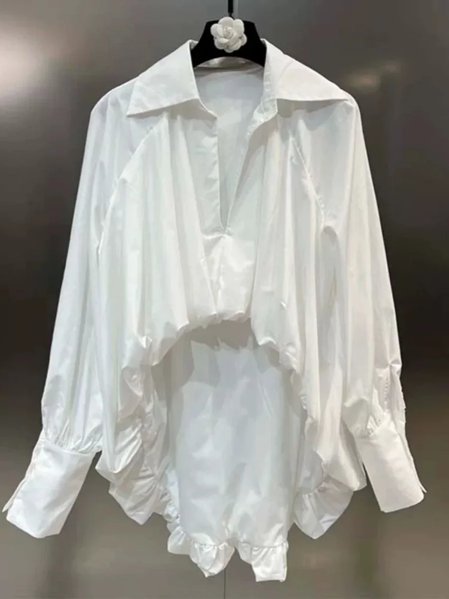 

Long Sve Irregular irt Lapel Lantern Sve Street Sle Pure Color Slim Fit Button Detail Polyester Women's irt