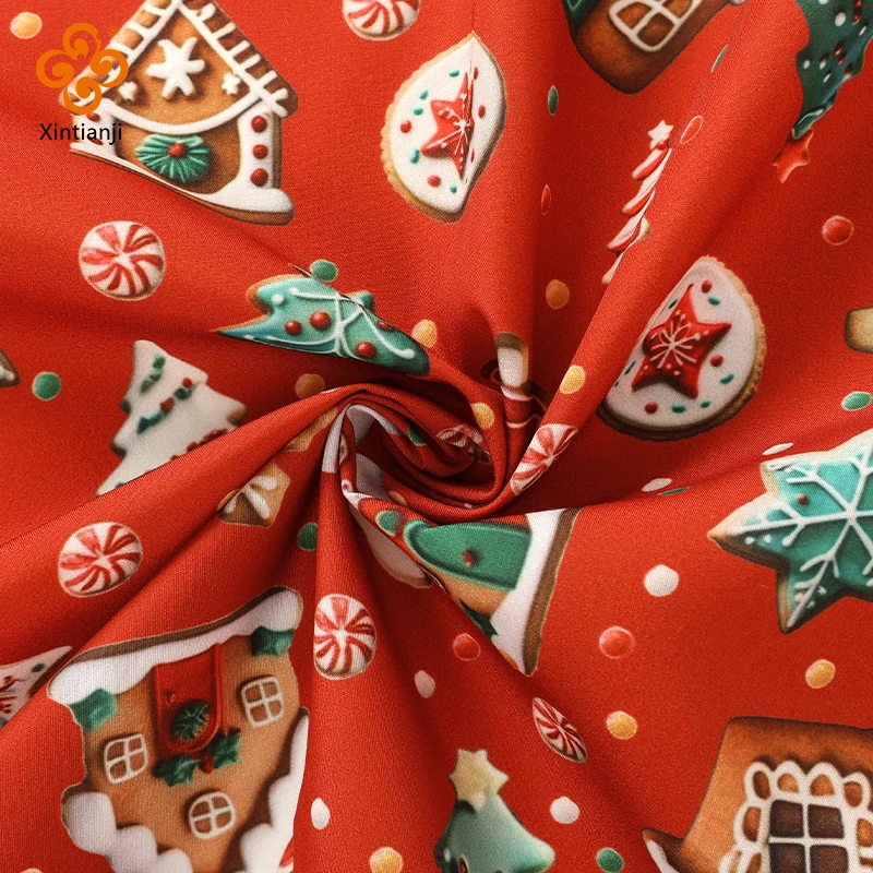 0.5m/1m/2m Christmas Fabric Cartoon Biscuits Print Holiday Decoration Snowflake Holly Leaf Pattern DIY Sewing Bag Tablecloth