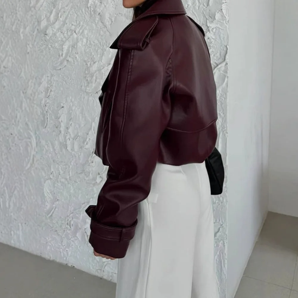 Women's Coat Dark Red Pu Leather Solid Lapel Cropped Jacket Fashion Pockets Long Sleeves Short Coat 2026 Lady Autumn Streetwear