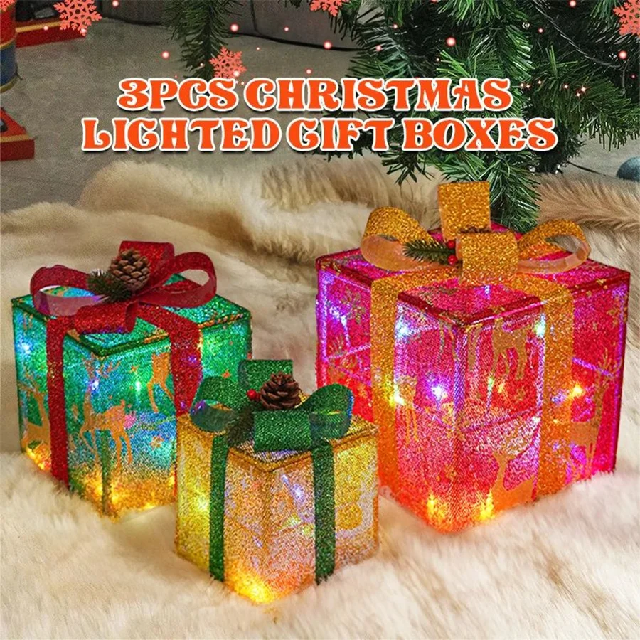 Battery Powered 3pcs/Set Christmas Luminous Gift Box Lights Remote Control 8 Modes Fairy Lights for Christmas Tree Holiday Decor