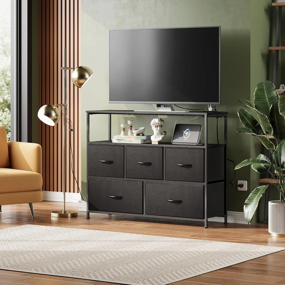 Fabric Dresser for Bedroom with 5 Drawers, Entertainment Center with Open Shelf and Power Outlet for 45 inch TV, Dressers