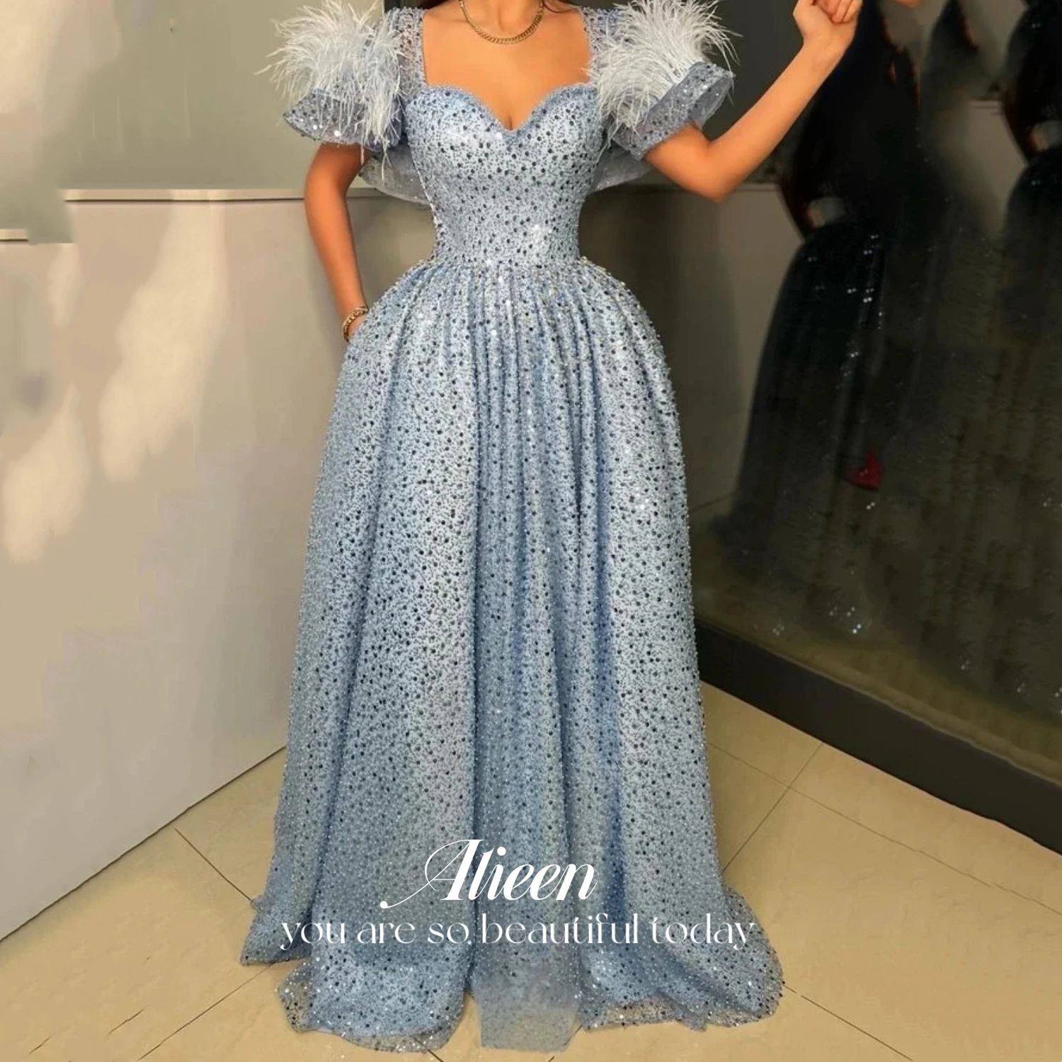 

Aileen Puff Sleeves Party Dress for Wedding Guest Dresses for Women Bead Embroidery Formal Occasion Dresses Blue Retro Line A