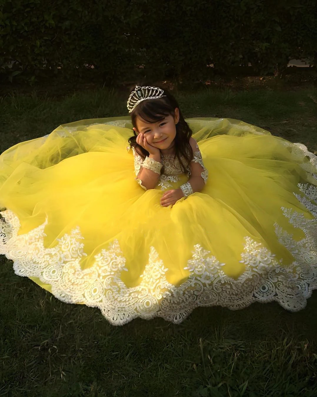 Long Sleeve Yellow Flower Girl Dresses Tulle Bow White Appliques Wedding Princess Birthday Party Robe First Communion Prom