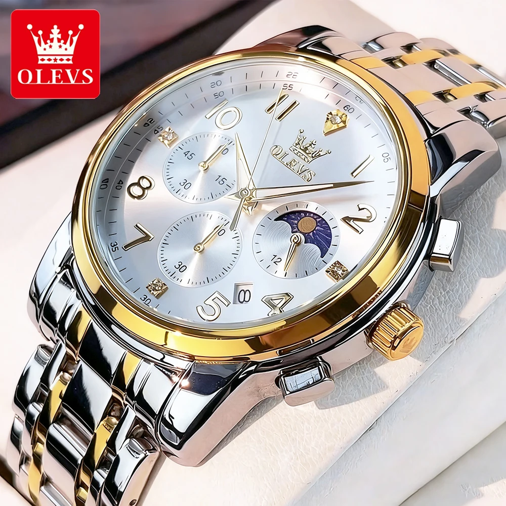 OLEVS Роскошные модные мужские часы из тонкой стали, лучший бренд, оригинальные кварцевые наручные часы, водостойкий светящийся хронограф, фаза Луны