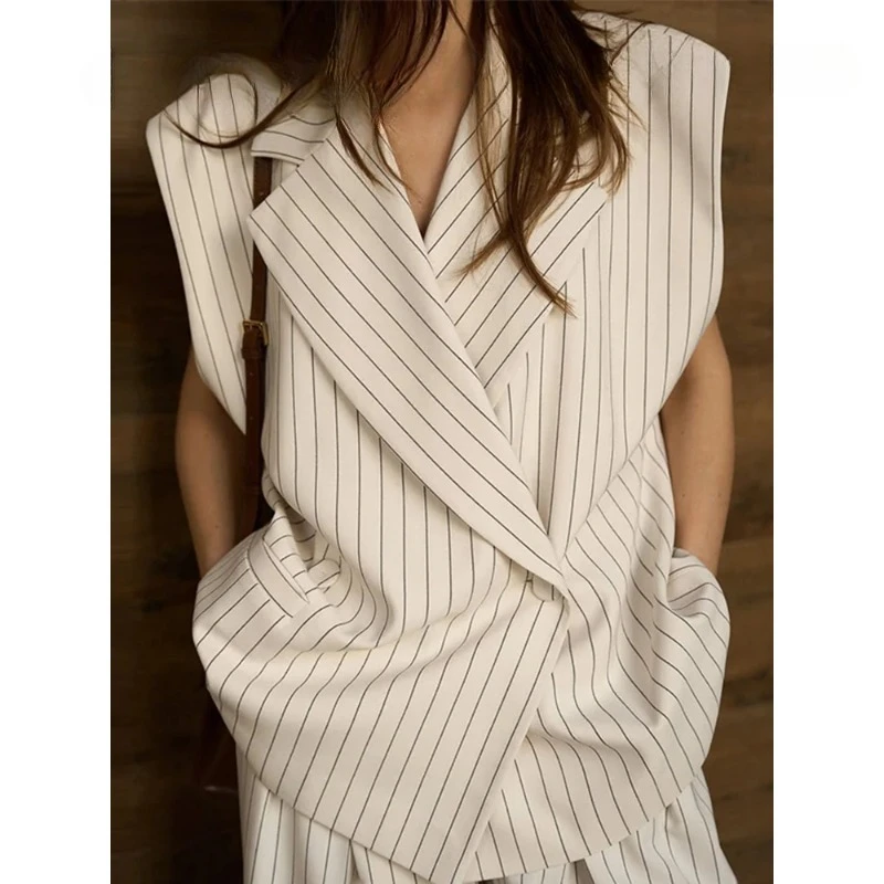 

Women's Stripe Vest Trouser Suits Urban Sleeveless Turn-Down Collar Jcaket Wide Leg Zippers Pants 2025 Summer Lady Outfit