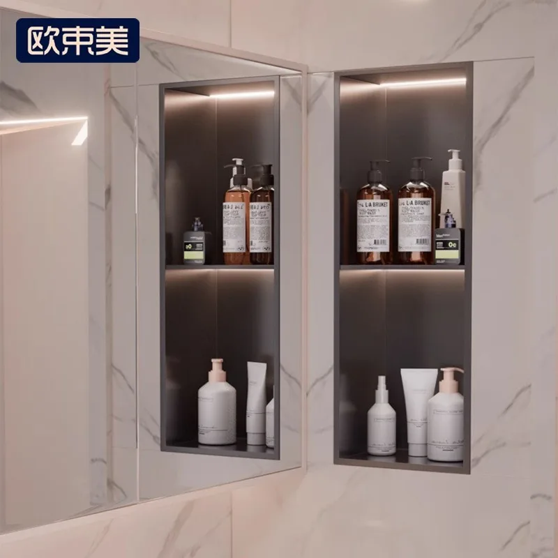 , stainless steel niche embedded layered baffle storage cabinet, no punching bathroom bath rack