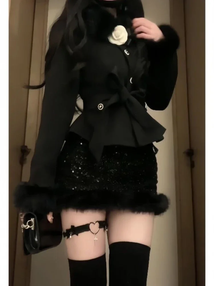 

France Vintage Chic Winter Black 2-piece Sets Women Party Long Sleeve Slim Lace Up Coat + Paillette High Waist Skirt Suit 2025