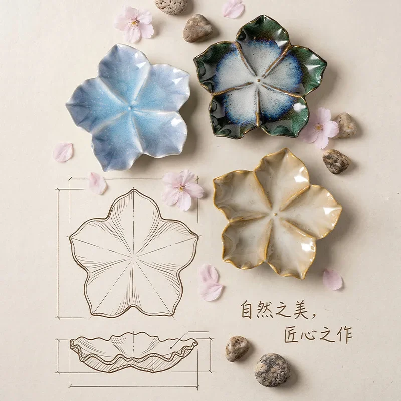 LingAo--Retro Japanese style petal-shaped ceramic plate, creative kiln change multi-color, restaurant hotel personalized decorat