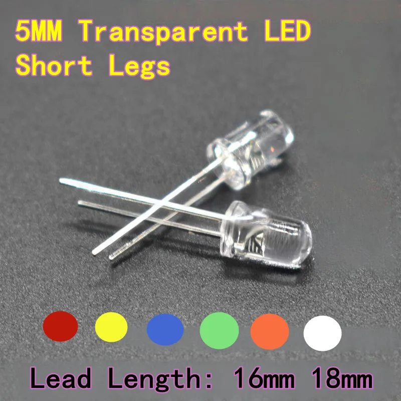 100PCS 5MM F5 Diodo emettitore di luce LED rosso/blu/giallo/verde/bianco/arancione con gambe corte 5MM F5 LED trasparente