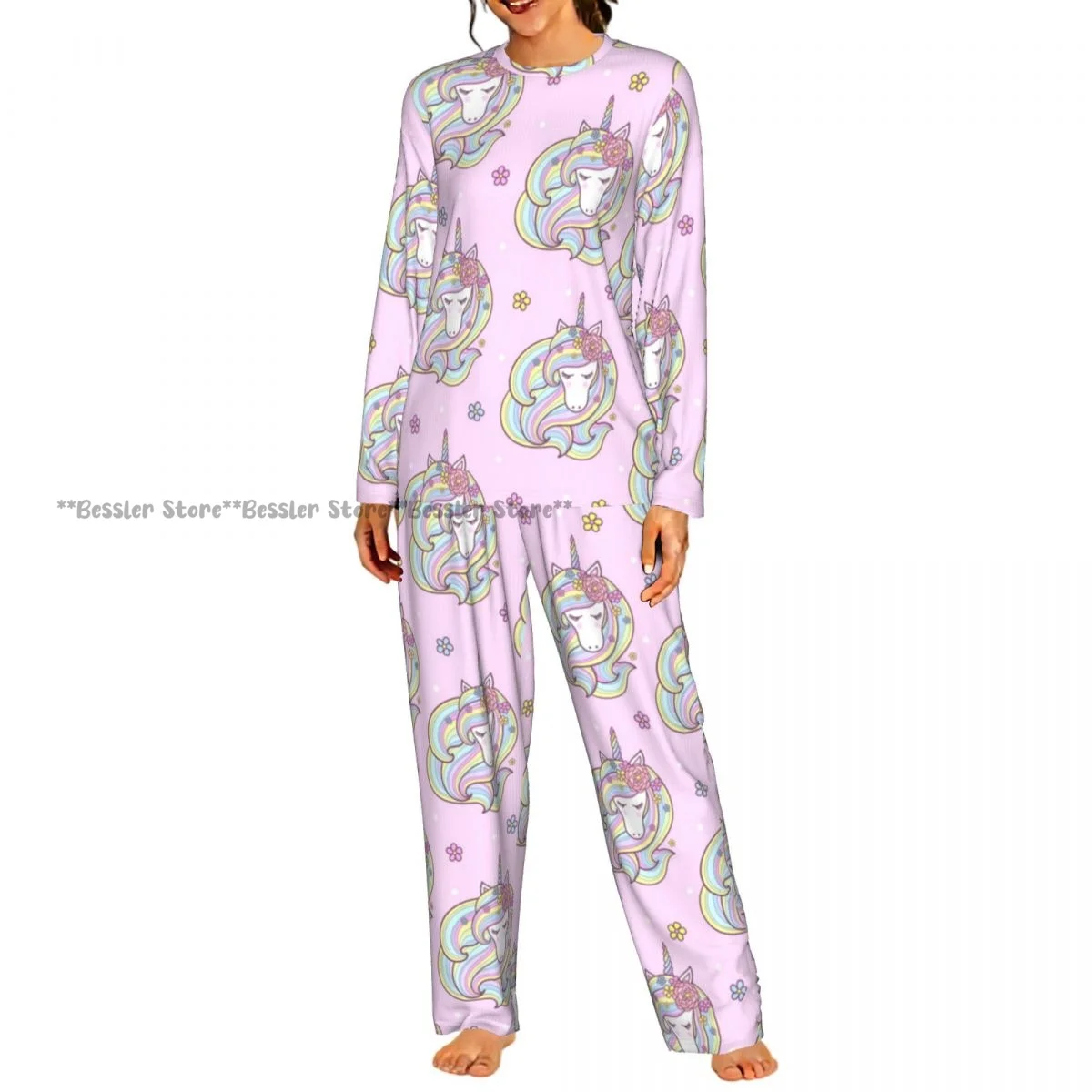Women Round Neck Pajama Suit Long Sleeve Tops Long Pants Unicorn With Long Mane Background Ladies Nightwear Home Outfit