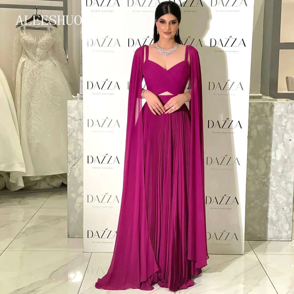 Aleeshuo Fuchsia Draped Chiffon Formal Evening Dresses Long Cape Sleeves Straps Saudi Arabic Women Prom Gowns Dubai Party Dress