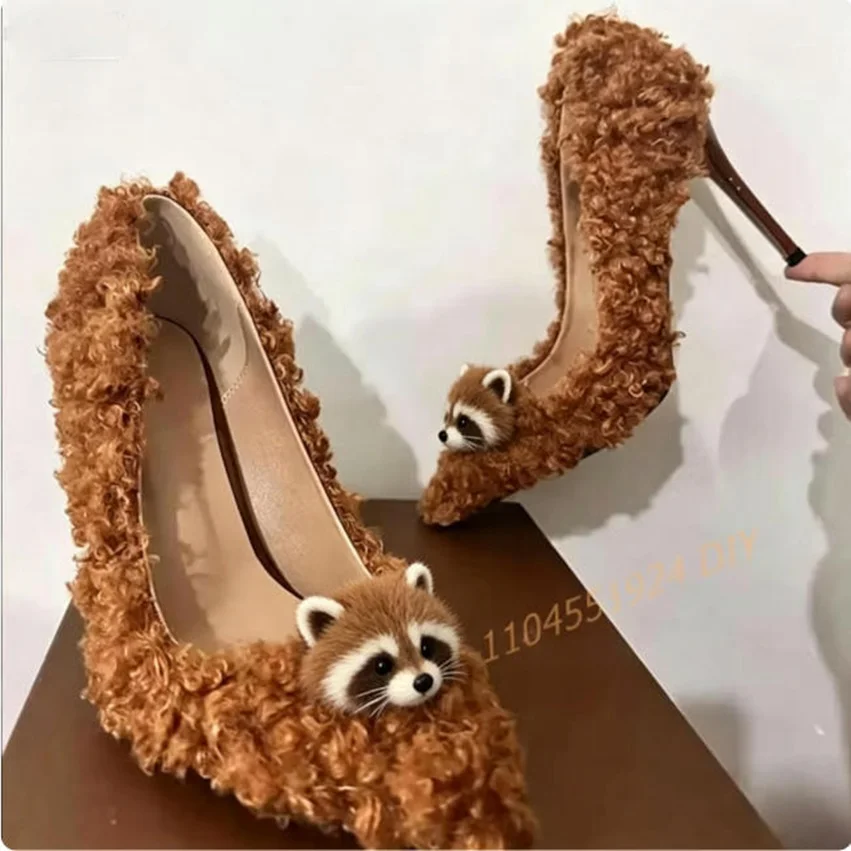 

Туфли-лодочки Sweety Brown из искусственного меха с острым носком, на тонком каблуке 10 см, без застежки, для девочек, на вечеринку, свадьбу, для офиса, большие размеры