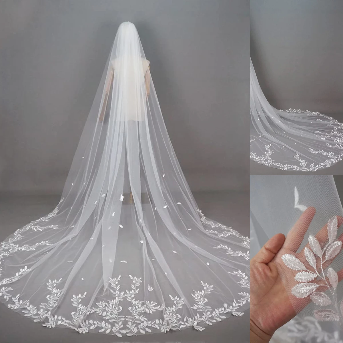 Bridal Veils Lace Flower Edge Cathedral Long 1 Tier Luxury Wedding Veil Tulle With Comb White Ivory 3M