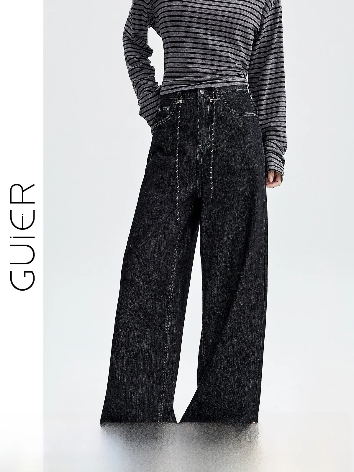 

Женские джинсы с высокой талией и завязками, свободный крой, широкие брюки с талией в стиле ретро, осеннее новое поступление, эффект похудения от Guier