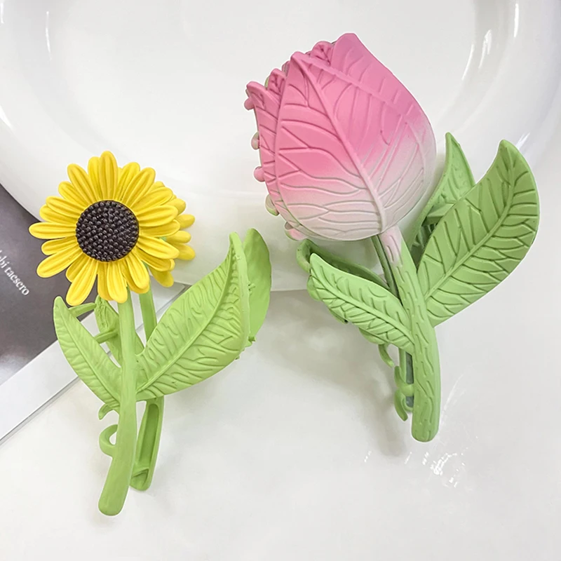 Korean Tulip Hair Claw Summer Hair Catch Sunflower Shark Clip Headdress Vintage Hair Clip Trendy Sweet Hair Accessories