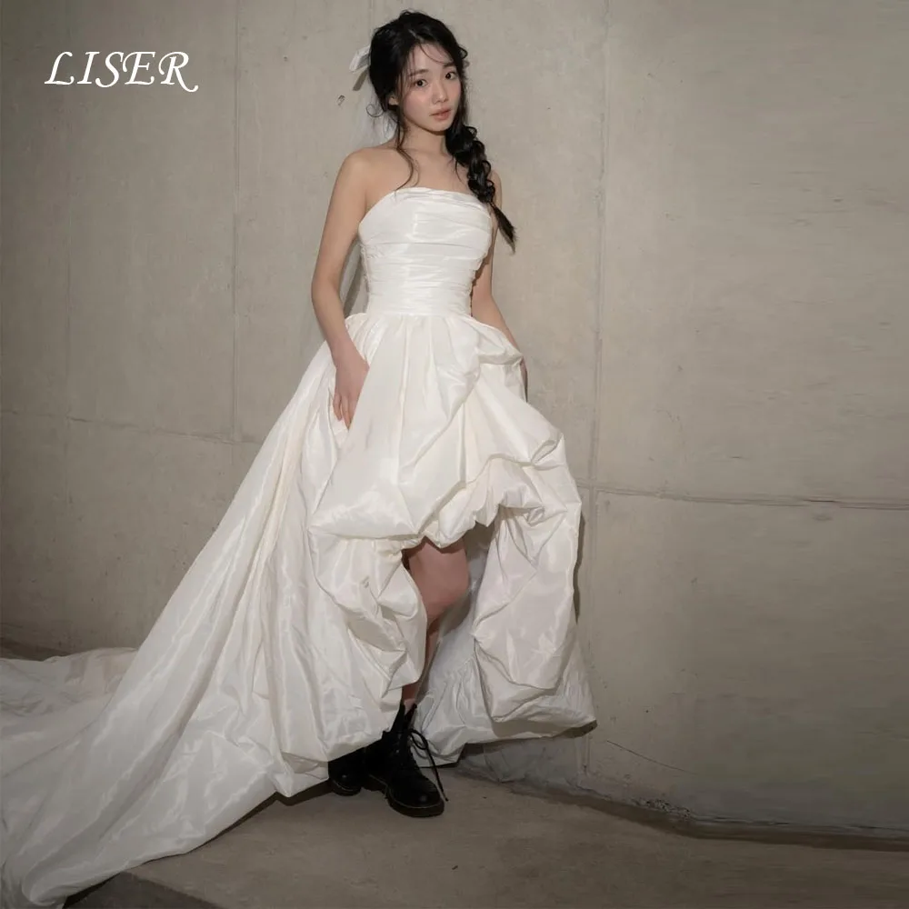 

Liser Strapless A-Line Simple Korea Wedding Dresses Silk Taffeta Photo Shoot Hi-Lo Sweet Bridal Gowns Customized 웨딩드레스