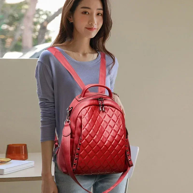 

2025 New Fashion Genuine Leather Women Backpacks Luxury Brand Female Real Natural Leather Lingge Girl Student Casual Backpack