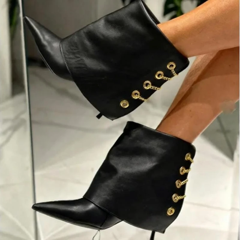 Black Leather Golden Metal Chains Shark Boots Sexy Pointy Toe Folded Loose High Heel Shor Booties Big Size 46