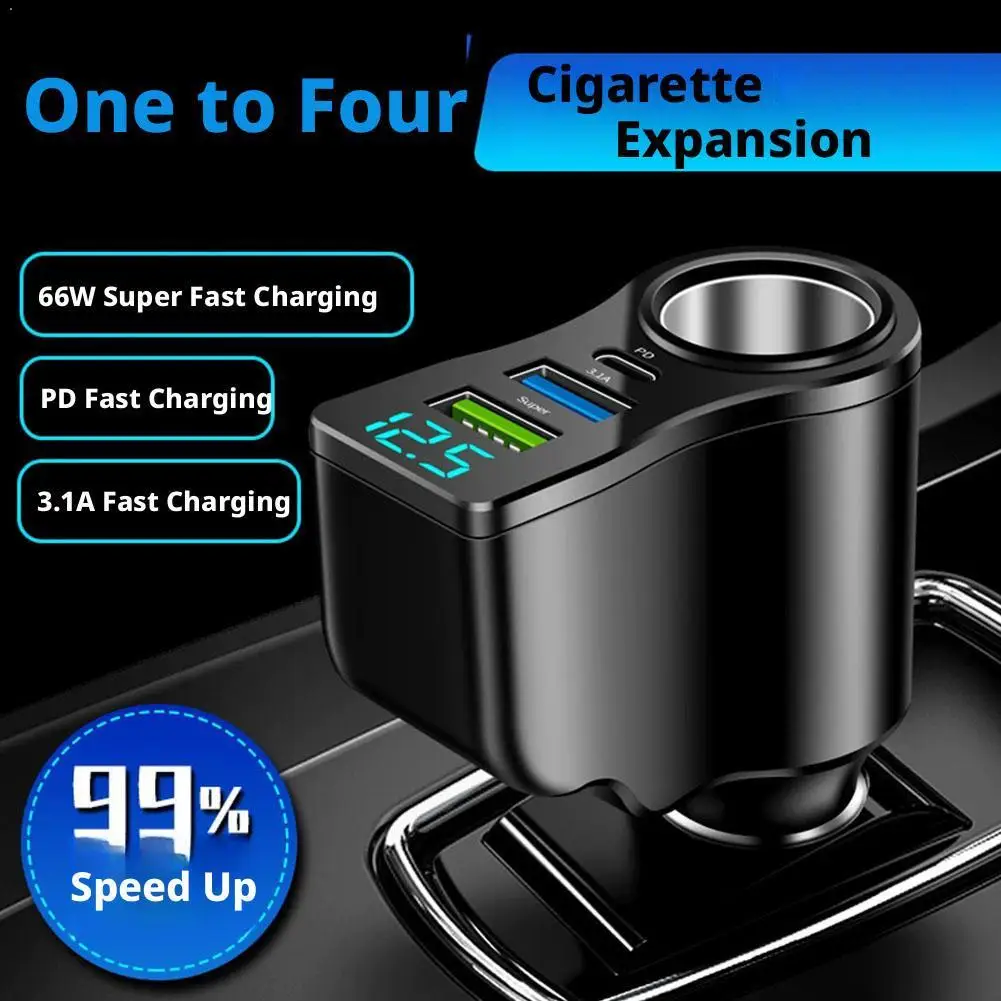 

66W USB C Car Charger Fast Charge, Dual Port Cigarette Lighter Adapter with Digital Display PD Quick Charger for iPhone