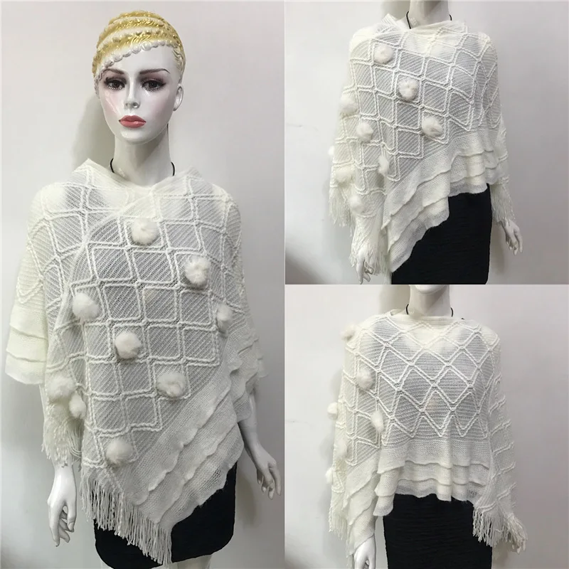 

Spring Autumn New European American Women Wool Ball Cloak Shawl Tassel Jacquard Knitted Coat Lady Cloak Fashion Selling White