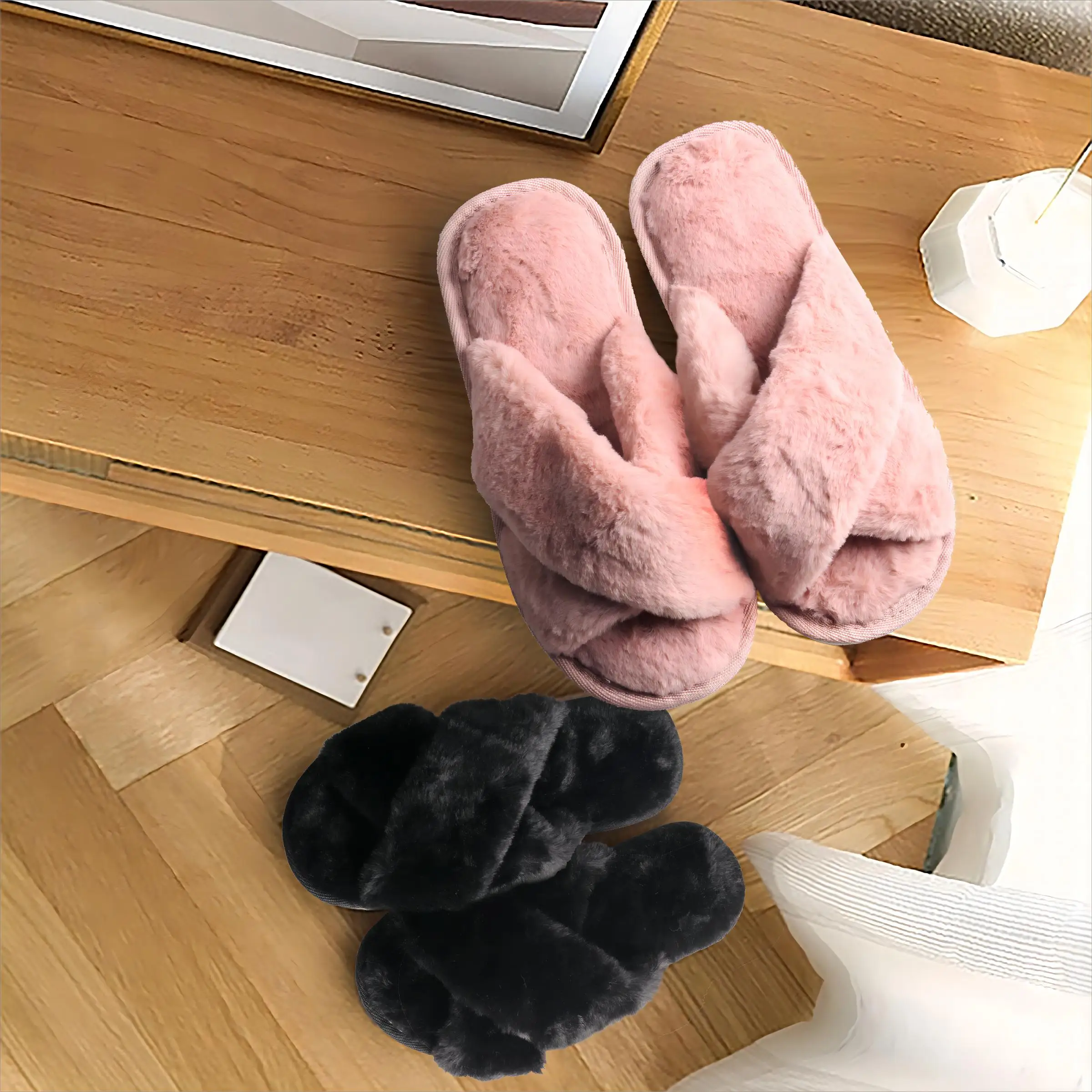 Winter Fashion Color Scheme Mature Cross Cut Plush Insulation Women's Cotton Slippers