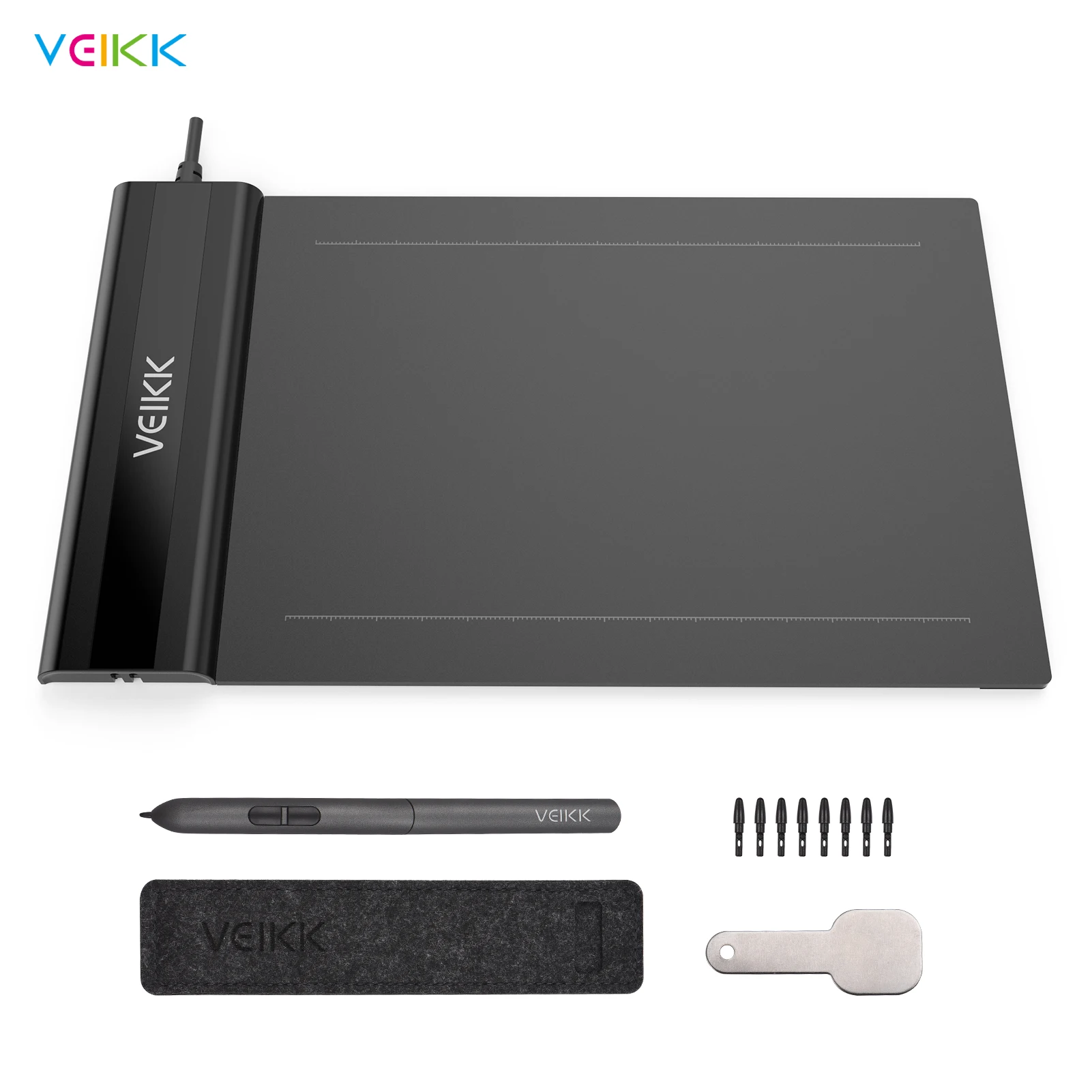 VEIKK S640 Graphics Drawing Tablet 8192 Levels Pressure Art Graphics Tablet with Battery-free Stylus 8 Pen Nibs for Designing