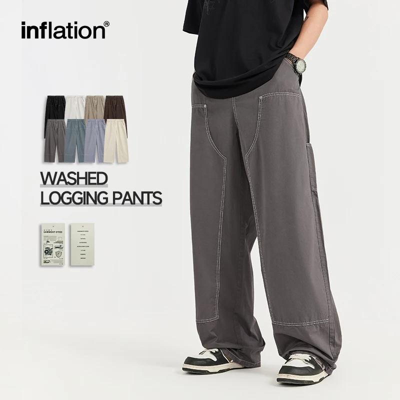 

INFLATION Garment Washed Denim Pants Mens Multi-Pocket Casual Loose Fit Personalized Cargo Jeans