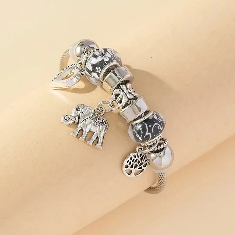 Cute Heart Tree Of Life Elephant Charm Bracelet Black Flower Glass Bead Twisted Cable Bangle For Girls Women