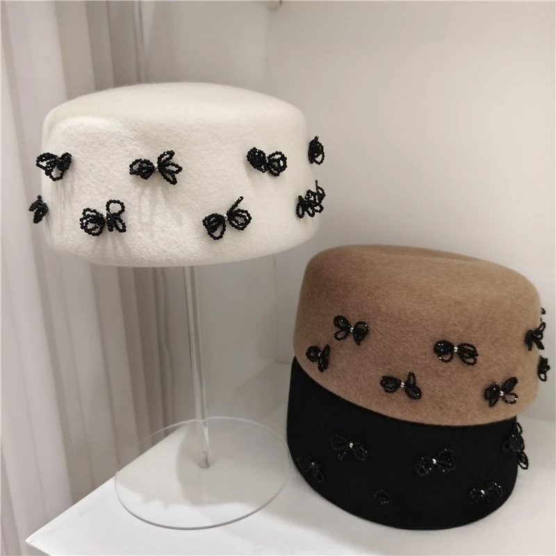 luxury-handmade-beaded-bow-hat-australian-wool-medicine-box-hat-retro-banquet-lady's-cap-fashion-young-princess-hat