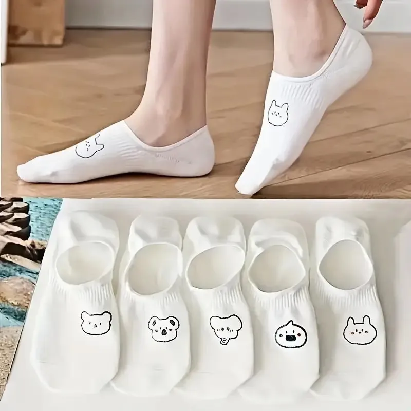 5/10/20 Pairs Women White Cartoon Invisible Socks Cute Animal Design Sweat Absorbing Breathable Soft Comfortable Casual Socks image 4