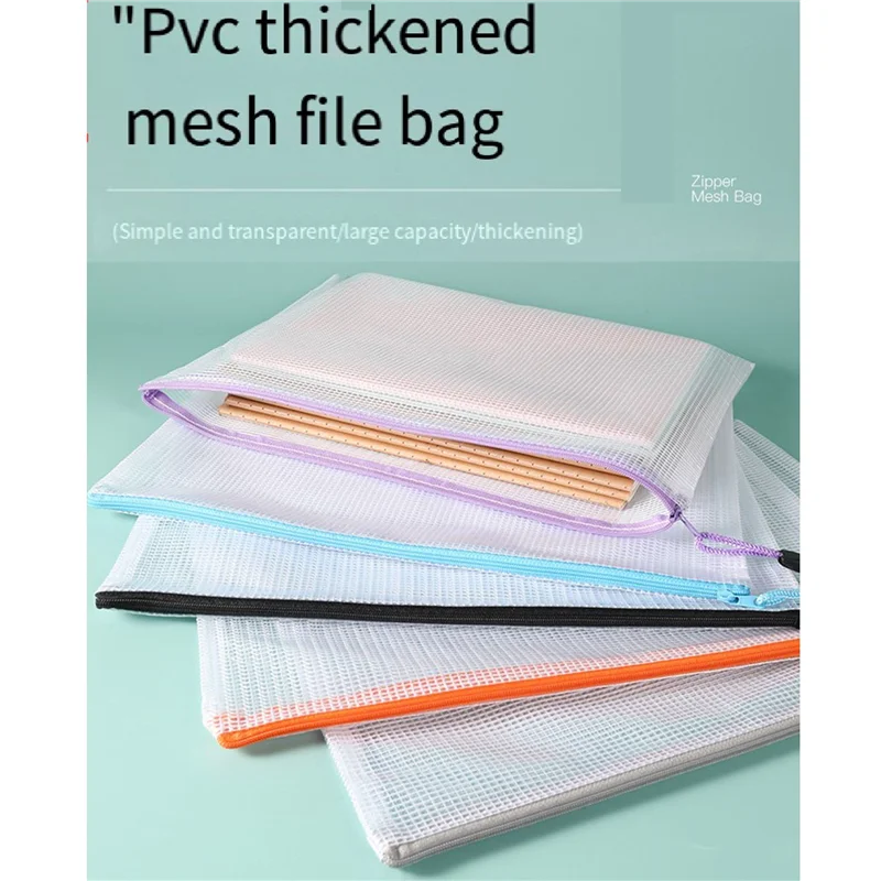 A19E-12PCS A4 Plastic Zip Wallets Mesh Zipper File Bags Document Folders Waterproof Travel Storage Pouch