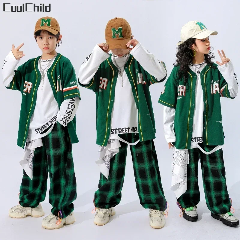 Boys Hip Hop Baseball Jacket Plaid Joggers Pants Girls Street Dance Cool Coat Streetwear Children Jazz Clothes Set Kids Costumes