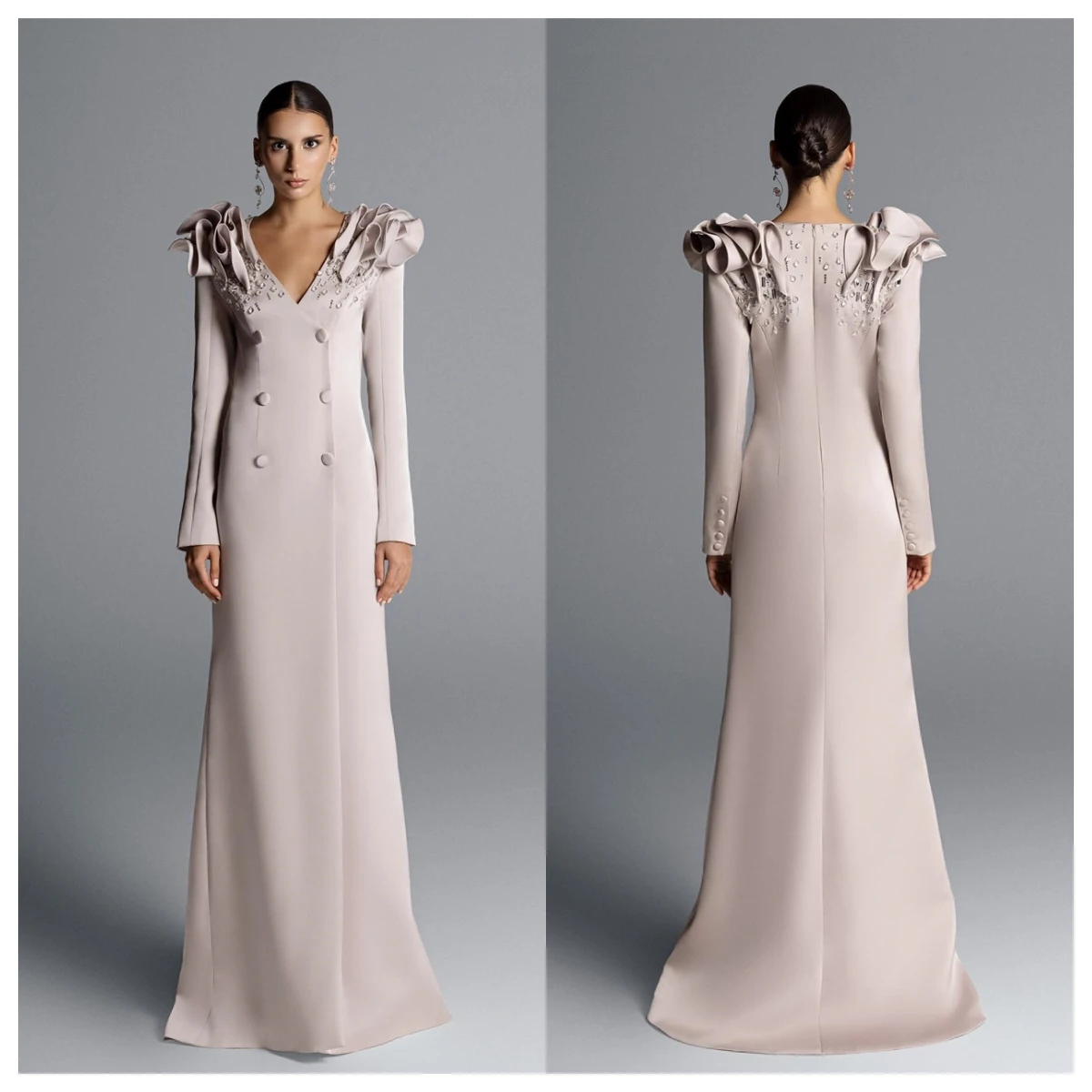 ที่กําหนดเองอารมณ์สีเทา JERSEY ชุดราตรี V คอแขนยาวคนดังชุดคริสตัล Vestido De Festa ปุ่ม