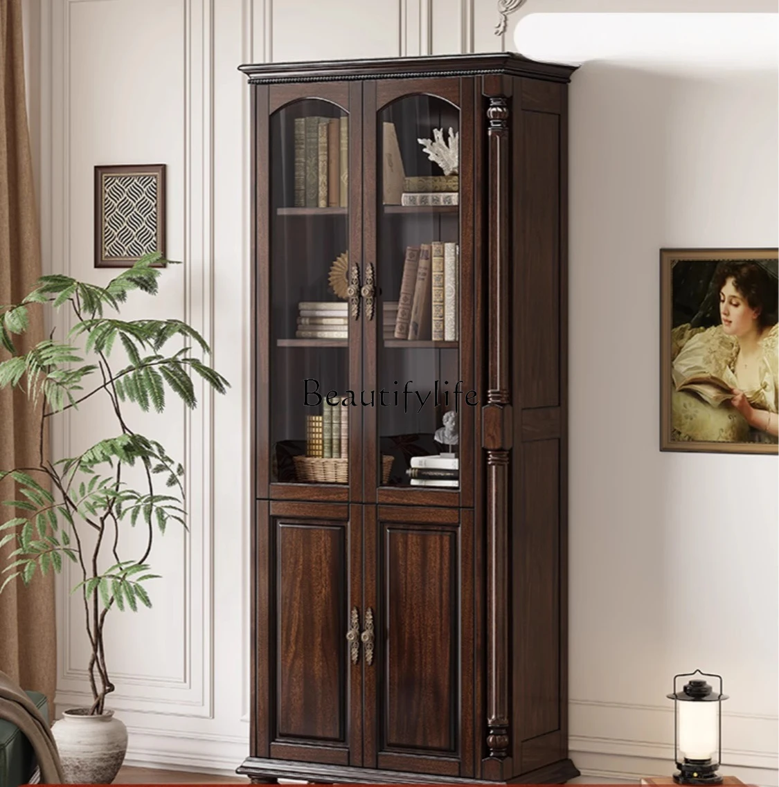 

LAmerican Retro Bookcase with Glass Doors, Solid Wood Two-Door Black Walnut Display Storage Cabinet
