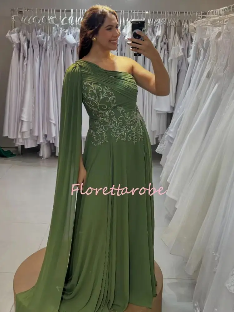 Customized Long A Line Mother Of The Bride Dresses One Shoulder  Appliques Green Chiffon Prom Dress Wedding Parrty Dress