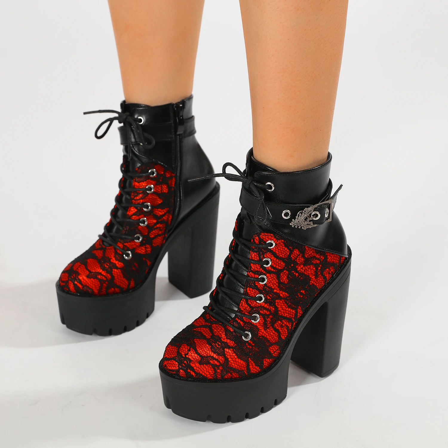 Gdgydh Gothic Vintage Red High Heel Ankle Boots with Platform Sole Ankle Strap Women Boots for Dressy Occasions Cosplay Shoes