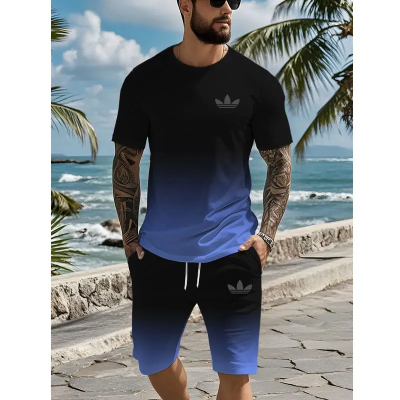 2024 Urban Street Fashion Trend Men's Round Neck Short Sleeve Set Outdoor Casual Simple Printed Men's Top Outdoor Casual Shorts