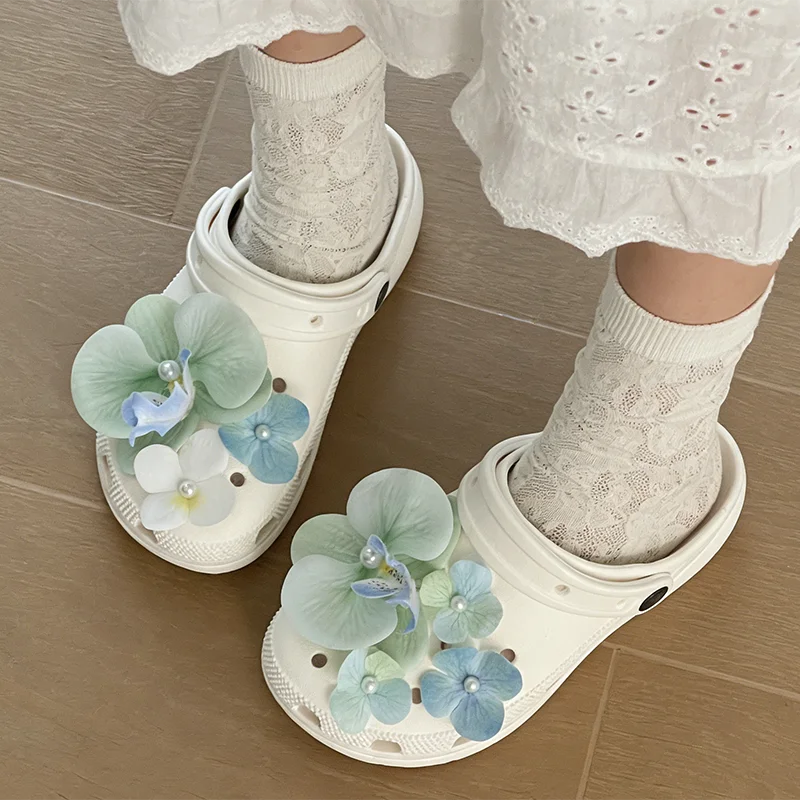 Elegant Mint Green Flower Clogs Accessories Women Summer 2026 Luxury Pearl DIY Shoes Charms Set Purple Orchid Shoes Decorations