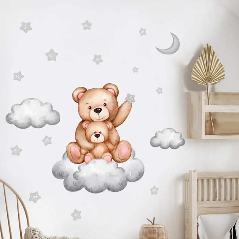 Cartoon Urso Pequeno Estrelas Nuvens Lua Adesivo De Parede Crianças Quarto Fundo Decora Jardim De Infância Sala De Aula Adesivo Antifouling