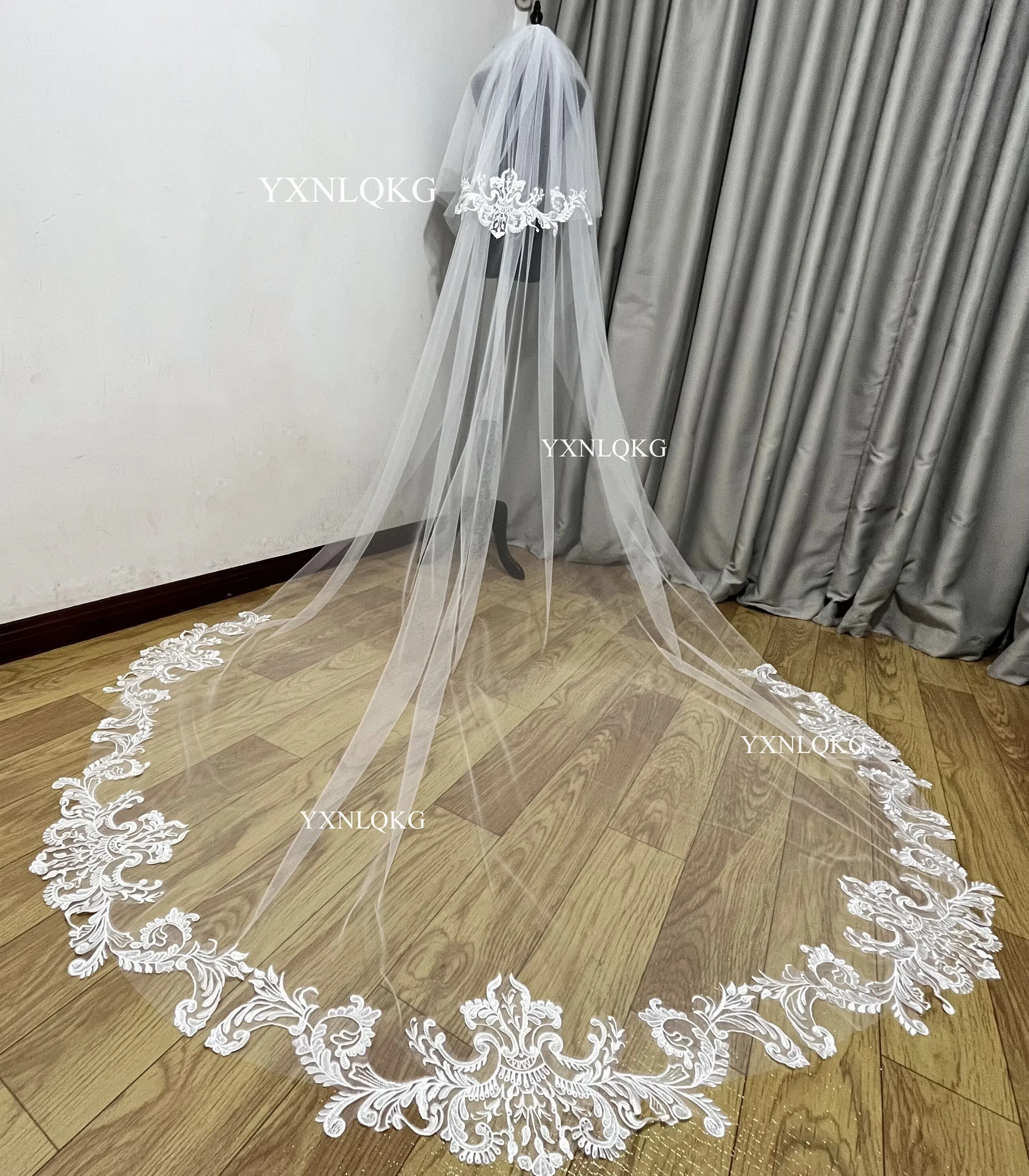 Foto reali bianco/avorio matrimonio velo a 2 strati pizzo ondulato Mantilla velo da sposa in pizzo con pettine accessori da sposa velo Veu De Noi