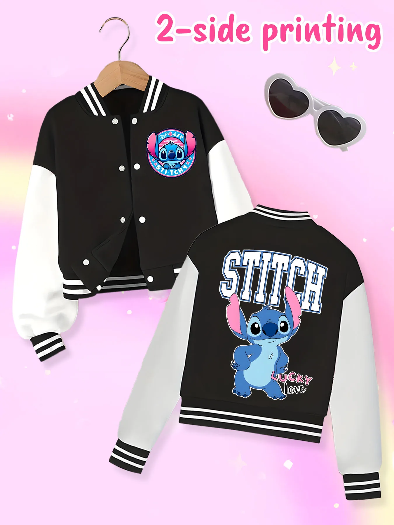 Disney fashion trend baseball jacket, suitable for daily sports and casual wear, printed with cute Stitch pattern, nice gift.