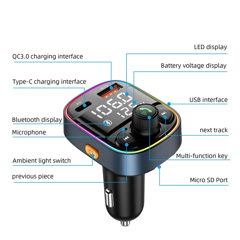 Car Bluetooth 5.0 Mp3 Player Fm Dual Digital Display Can Connect Two Mobile Phones Car Charger Pd20W+Qc18W Fast Charge