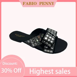 FABIO PENNY wears the stylish new rhinestone bow party flat women's slippers for summer