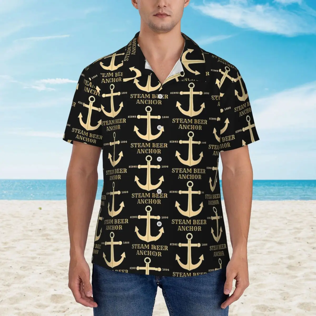 Hawaiian Shirt Beach Gold Anchor Steam Blouses Since 1896 Classic Casual Shirts Mens Short Sleeves Breathable Tops